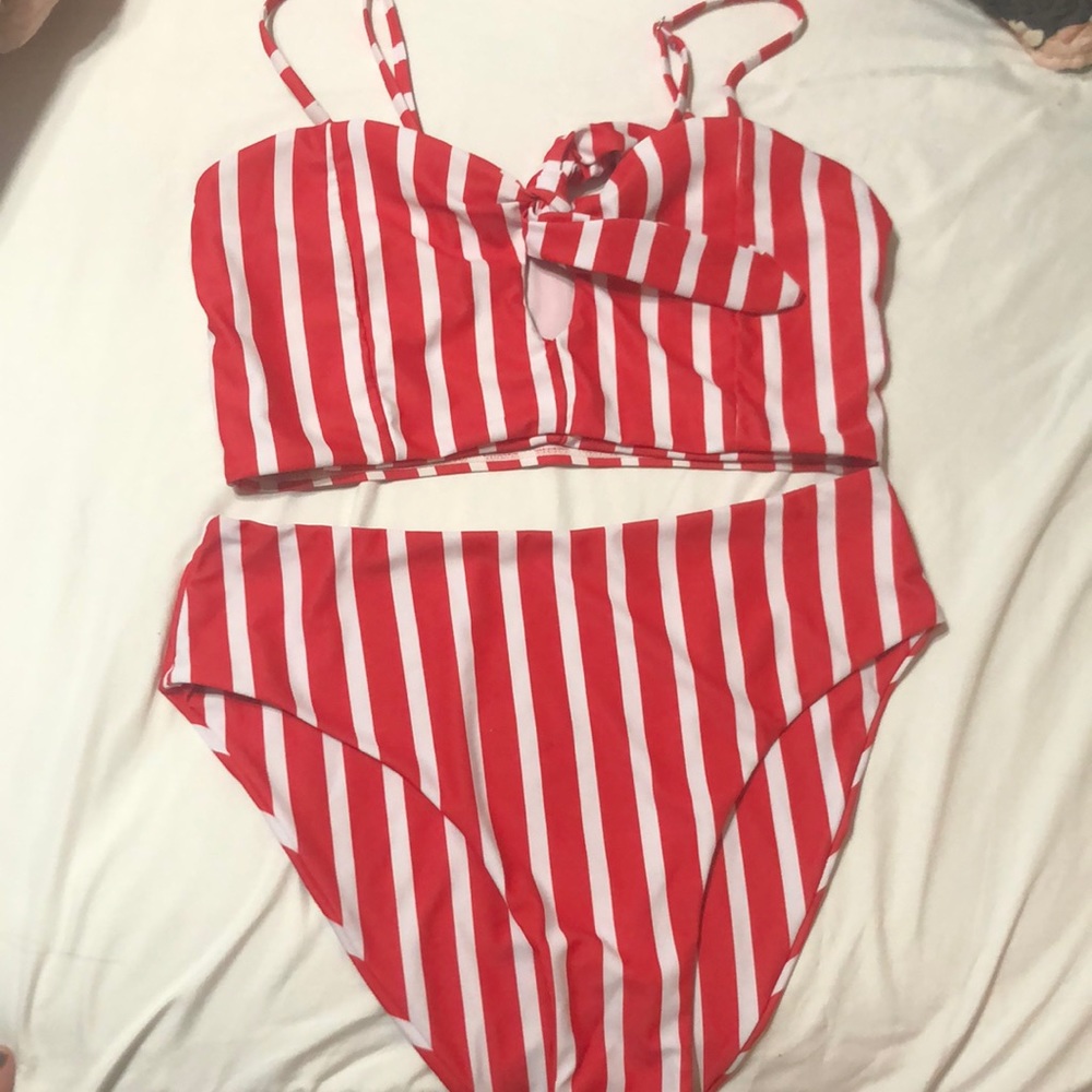 2 piece Red & White Stripe High Waist Swim